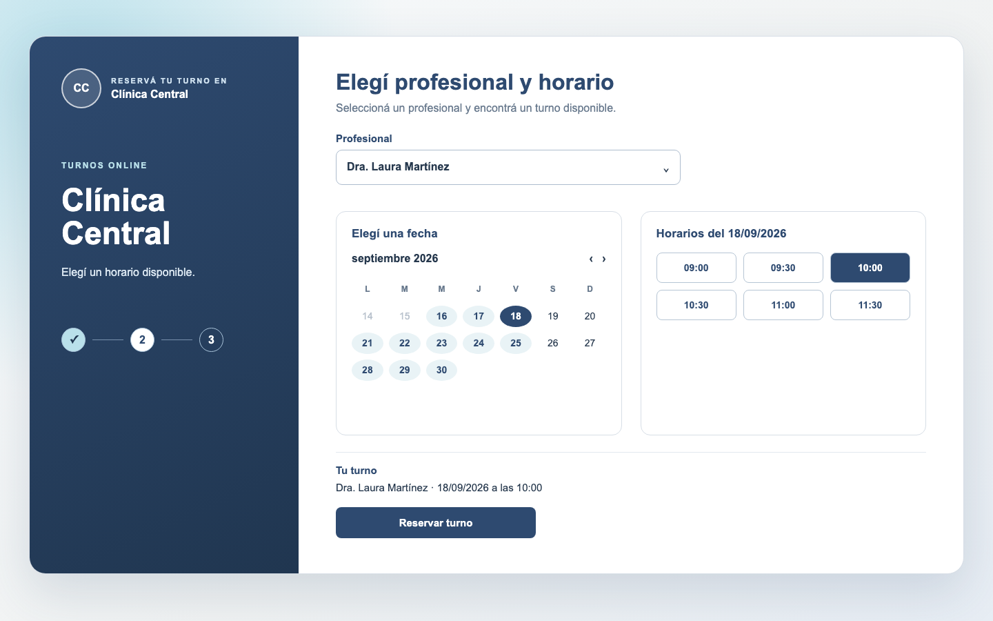 Vista ilustrativa de la reserva online: selección de profesional, fecha y horario